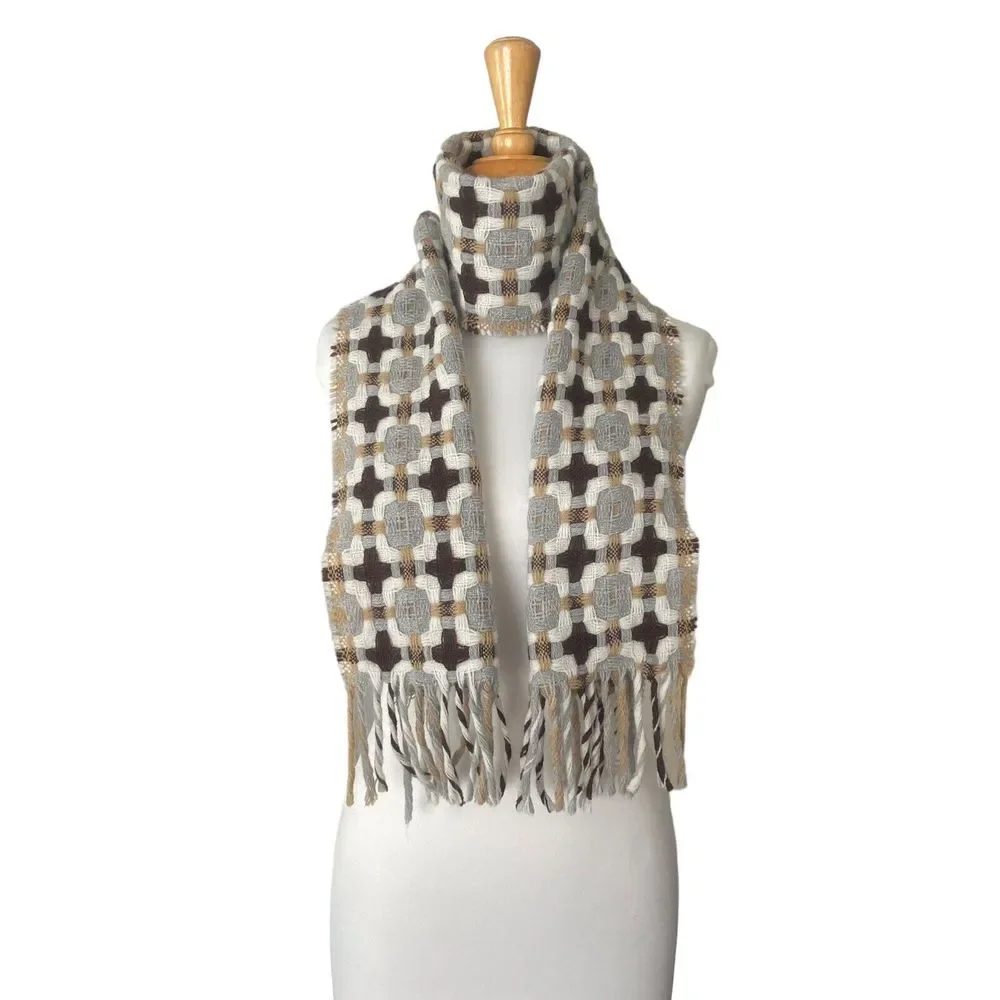 Women's Scarf Shawl Wrap 30% Wool Made in Italy Woven Brown Grey Fringe 68 x 10